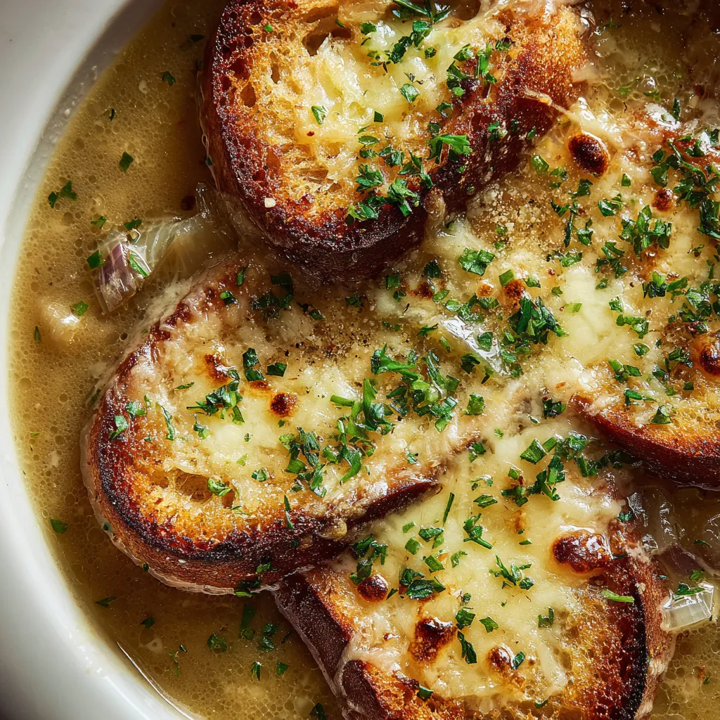 Eine Zwiebelsuppe (Soupe à l'Oignon) mit Fromage auf Toastbrot.