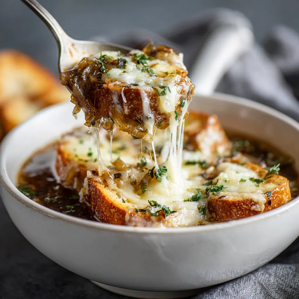 Ein weißer Teller mit Zwiebelsuppe (Soupe à l'Oignon) au Fromage.