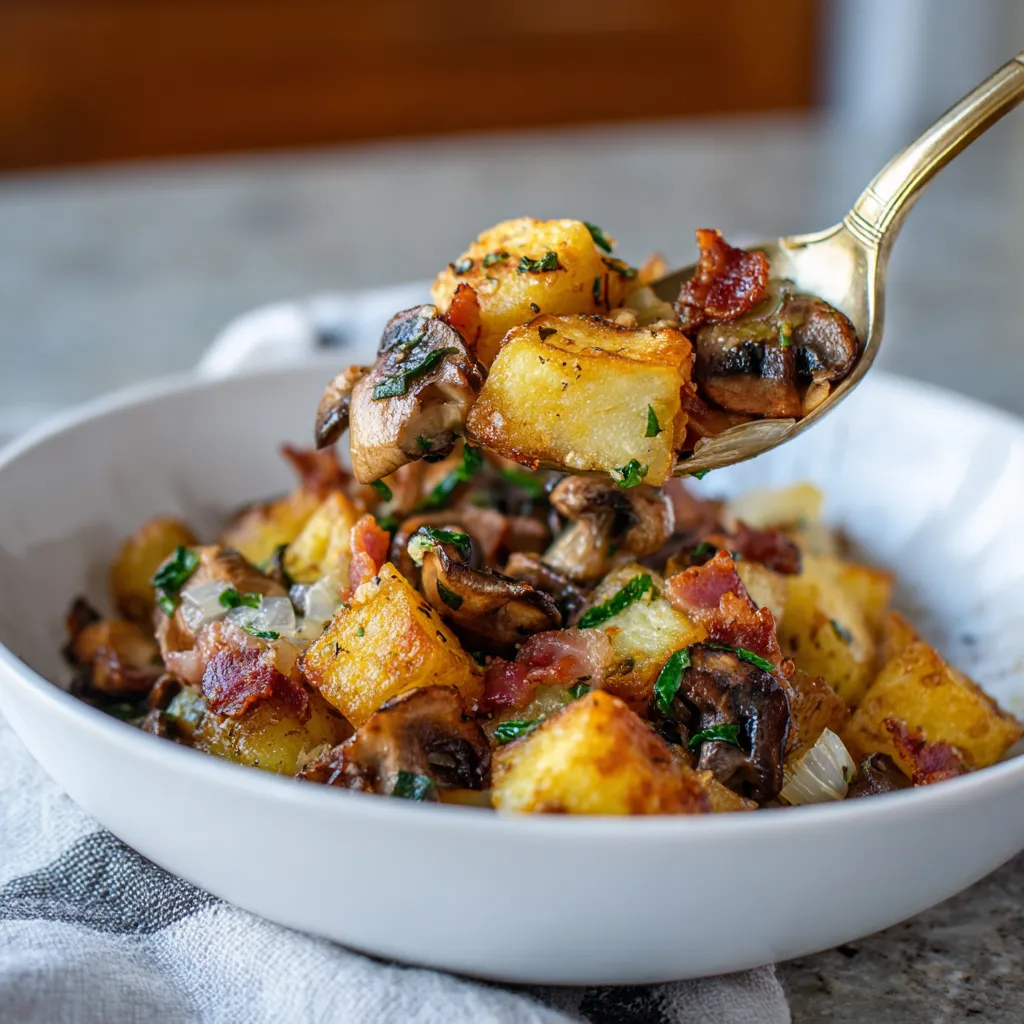 Ein weißer Teller mit Bratkartoffeln und Champignons.