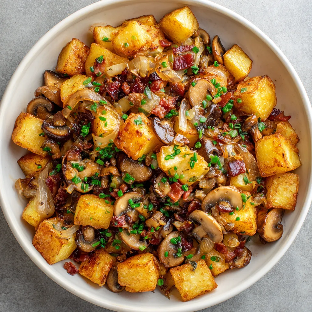 Ein weißer Teller mit Bratkartoffeln und Champignons.