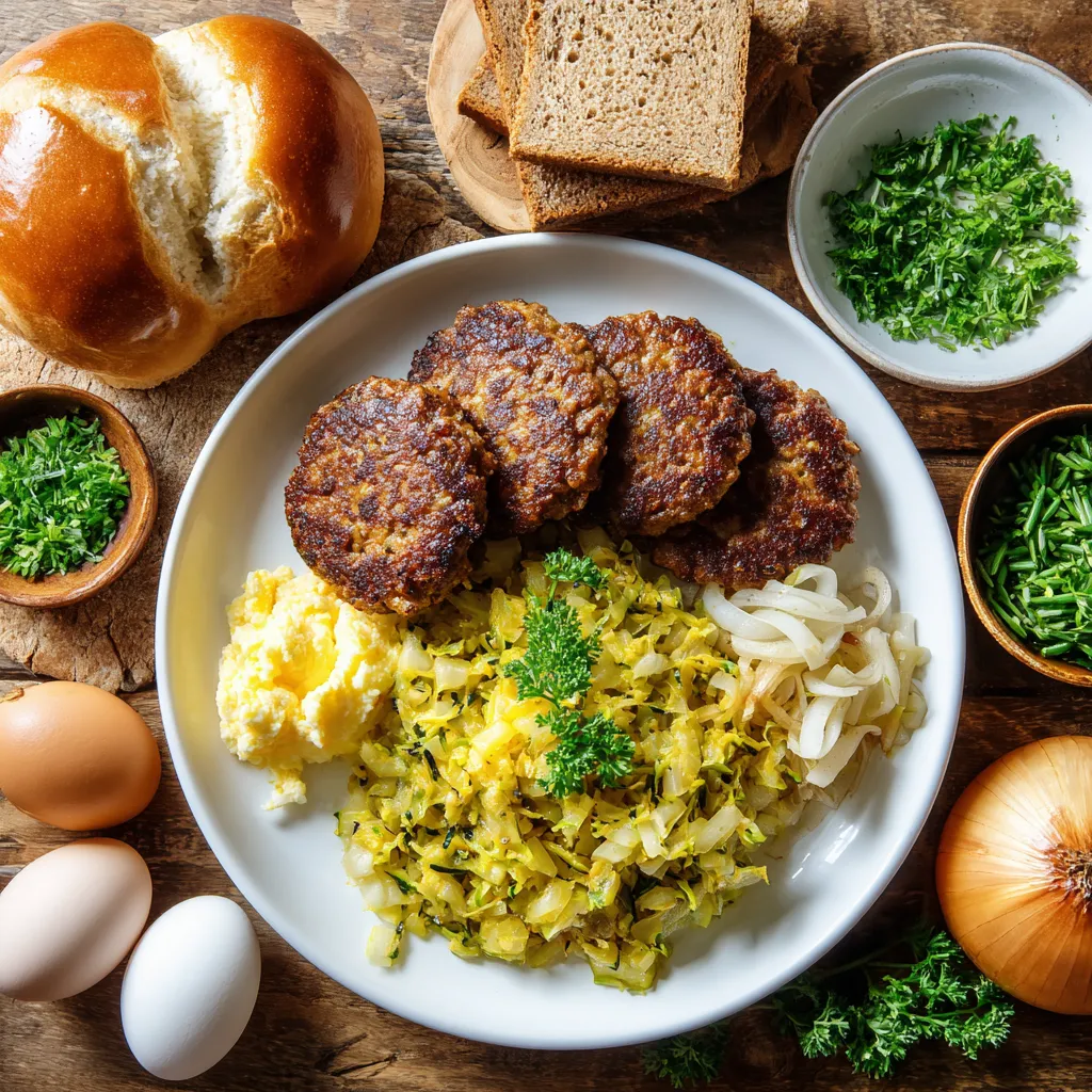Ein weißer Teller mit Frikadellen (Burgers Allemands) und Oignons.