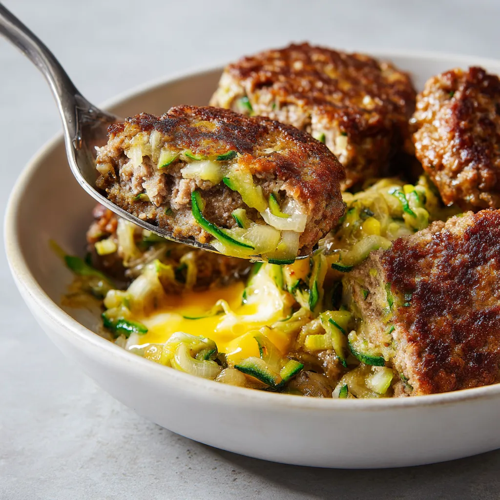 Ein weißer Teller mit Frikadellen (Burgers Allemands) und Zucchini-Ecrasé.