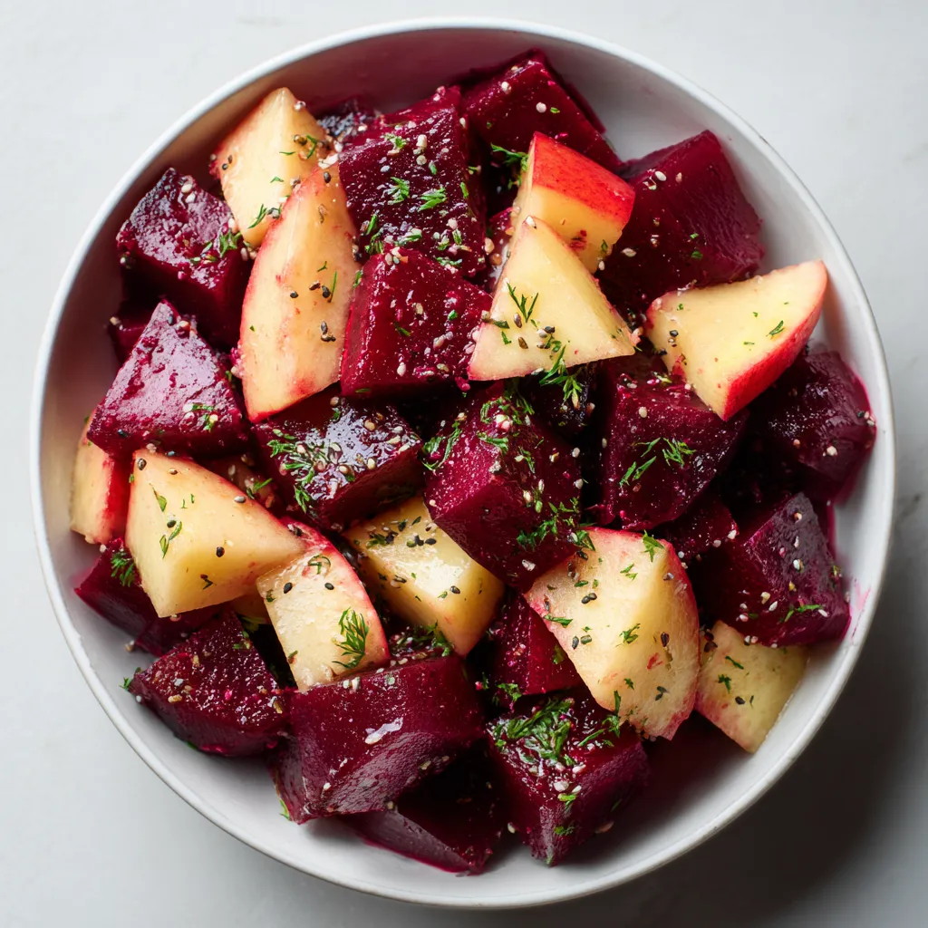 Ein weißer Teller mit einer Salade aus Beets, Carrots, Apples, Parsley und Thyme.