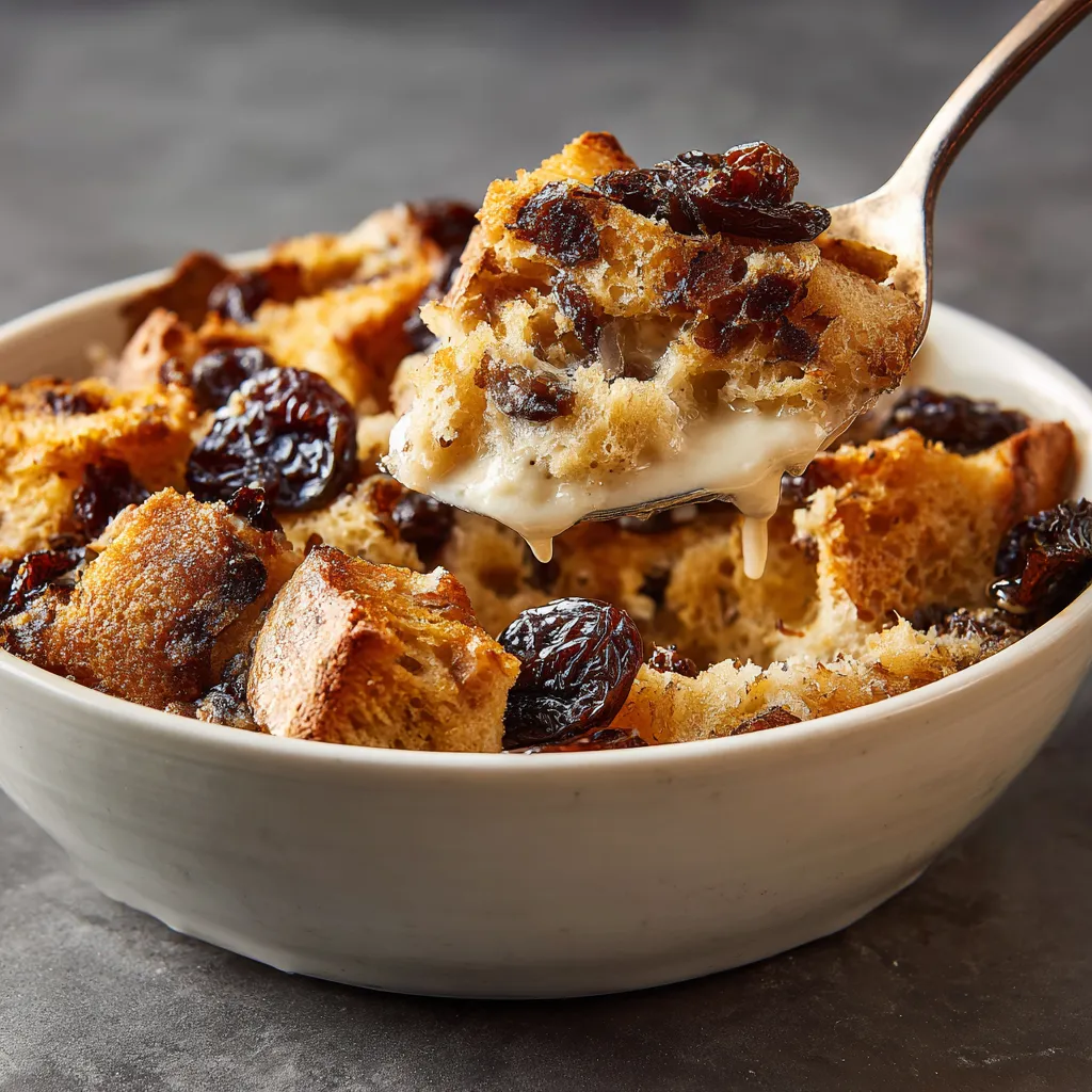 Ein weißer Teller mit Pudding aus Pain Allemand und Prunes de Saison.