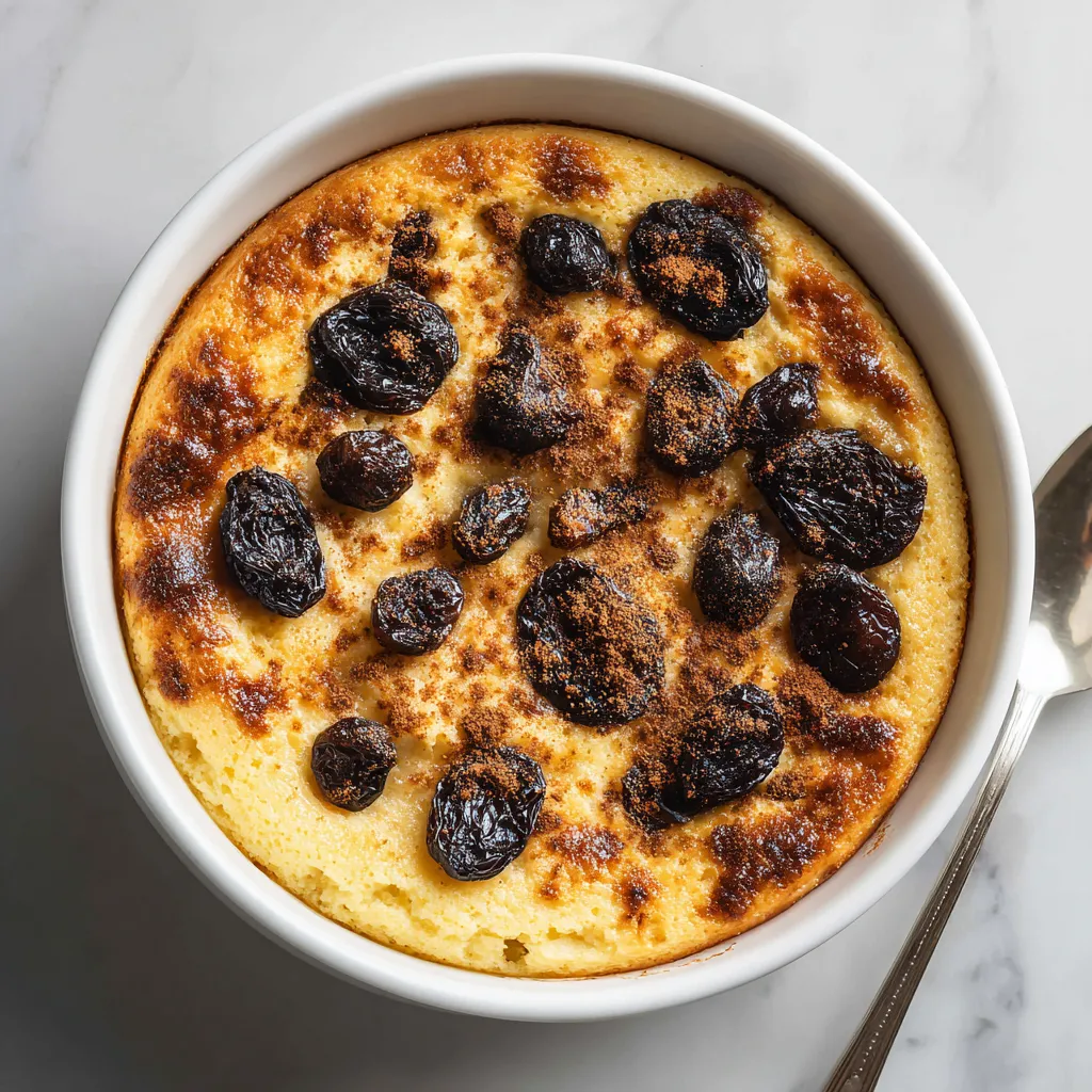 Ein weißer Becher mit Pudding und Prunes de Saison.