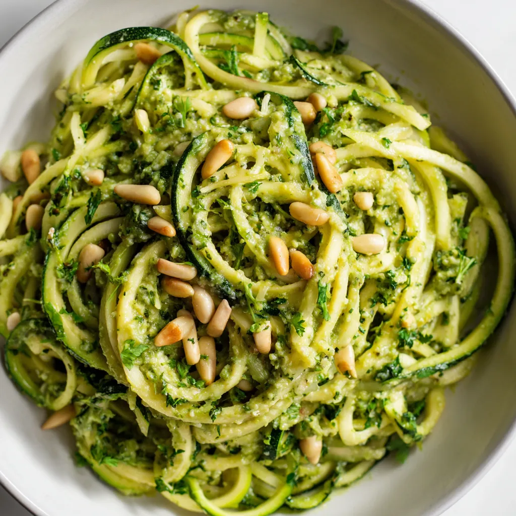 Ein weißer Teller mit grünem Zucchini-Pasta, die mit Pistazien und Parmesan garniert ist.