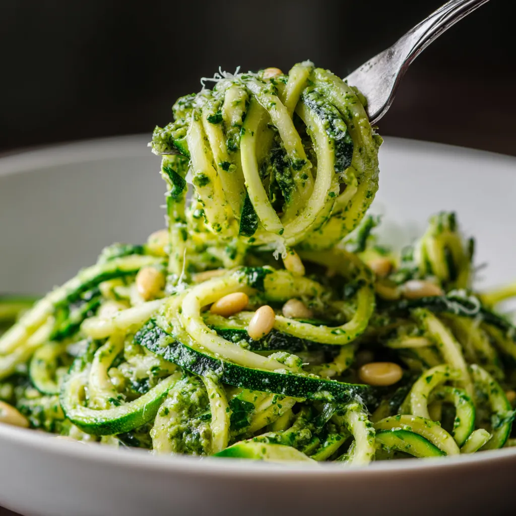Ein weißer Teller mit grünem Zucchini-Pasta, die mit einer Garnitur aus Zwiebeln, Pistazien und Spinat garniert ist.