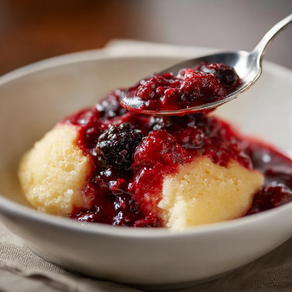 Eine Tasse mit einem Dessert, das aus einer Mischung aus Kuchen, Eis und Beeren besteht.