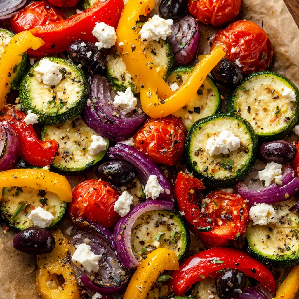 Ein Kunterbuntes Ofenblech mit einer Vielzahl von Gemüse, darunter Tomaten, Paprika, Zucchini, Peperoni, Zwiebeln und Oliven.
