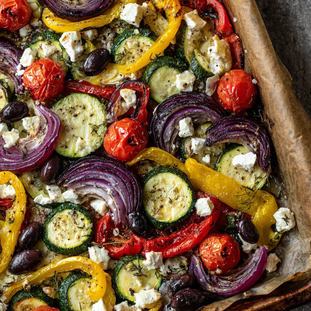 Ein Kunterbuntes Ofenblech mit einer Vielzahl von Gemüsearten wie Paprika, Zucchini, Tomaten, Peperoni, Zwiebeln und Oliven.