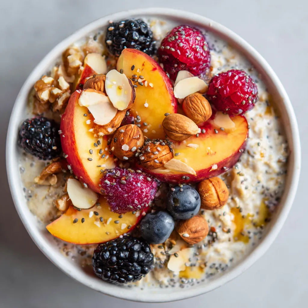 Ein Becher mit frischem Obst, darunter Haferflocken, Rhabarber, Blaubeeren, Apfel, Walnuss und Mandel.