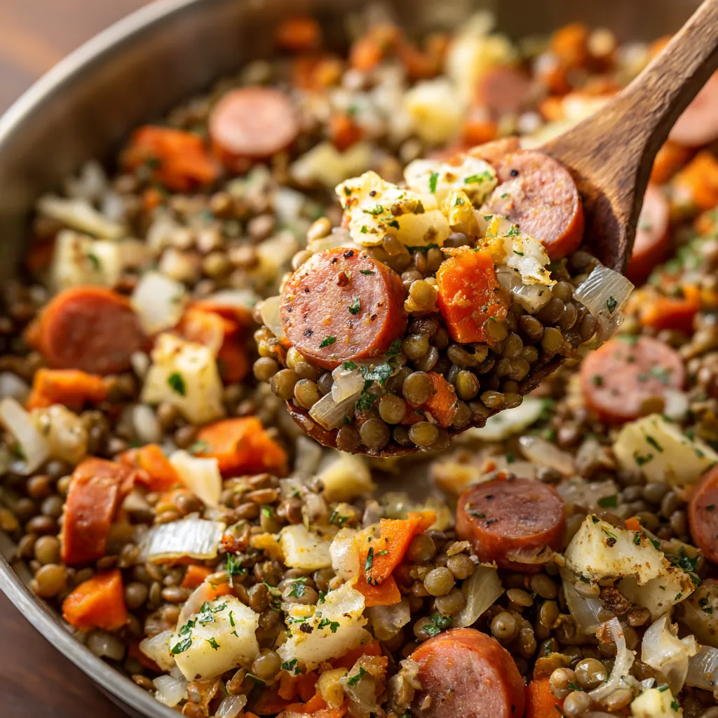 Eine Pfanne mit Spätzle, Linsen und Zwiebeln.