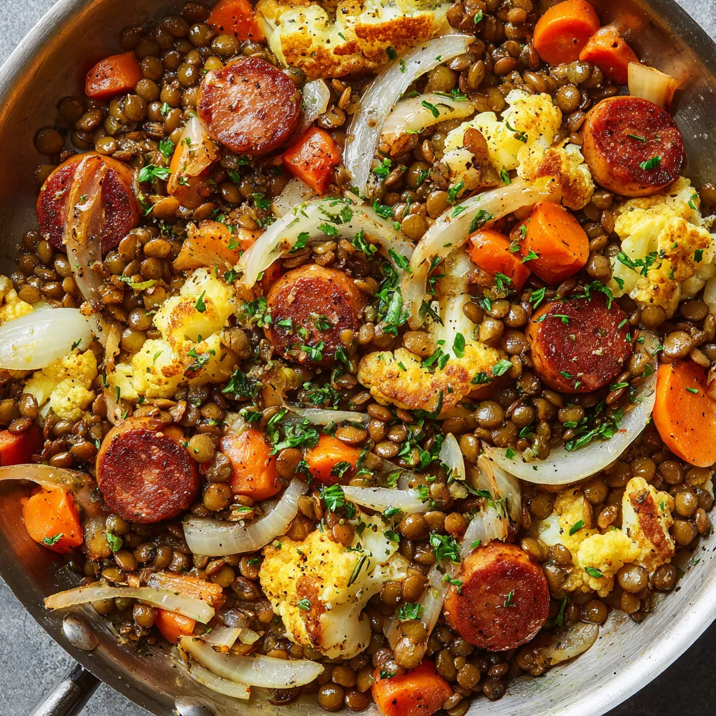 Eine Pfanne mit einer Mischung aus Linsen, Spätzle und Zwiebeln.