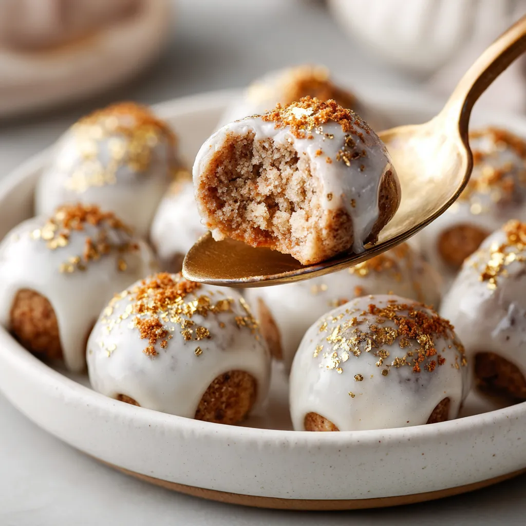 Ein goldener Löffel, der eine Handvoll Lebkuchen mit Orangen-Zimtglasur aufnimmt.