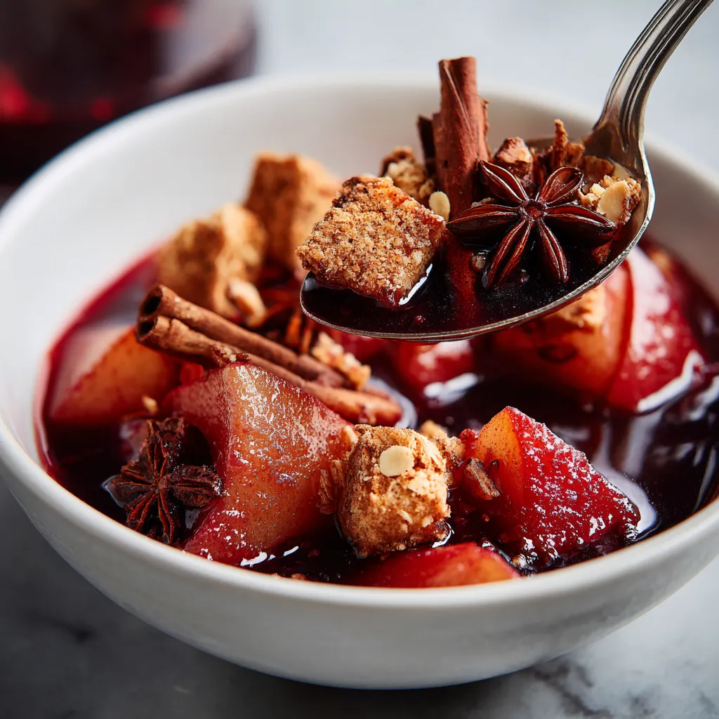 Ein weißer Teller mit einem Glühwein-Birnenkompott ala Rumtopf.