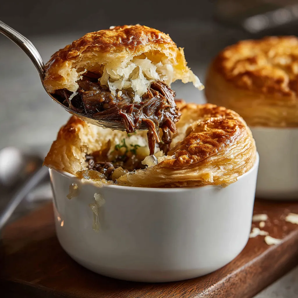 Ein kleines Gänse-Pastetchen mit Sauerkraut-Apfel Füllung wird mit einer Gabel gegriffen.