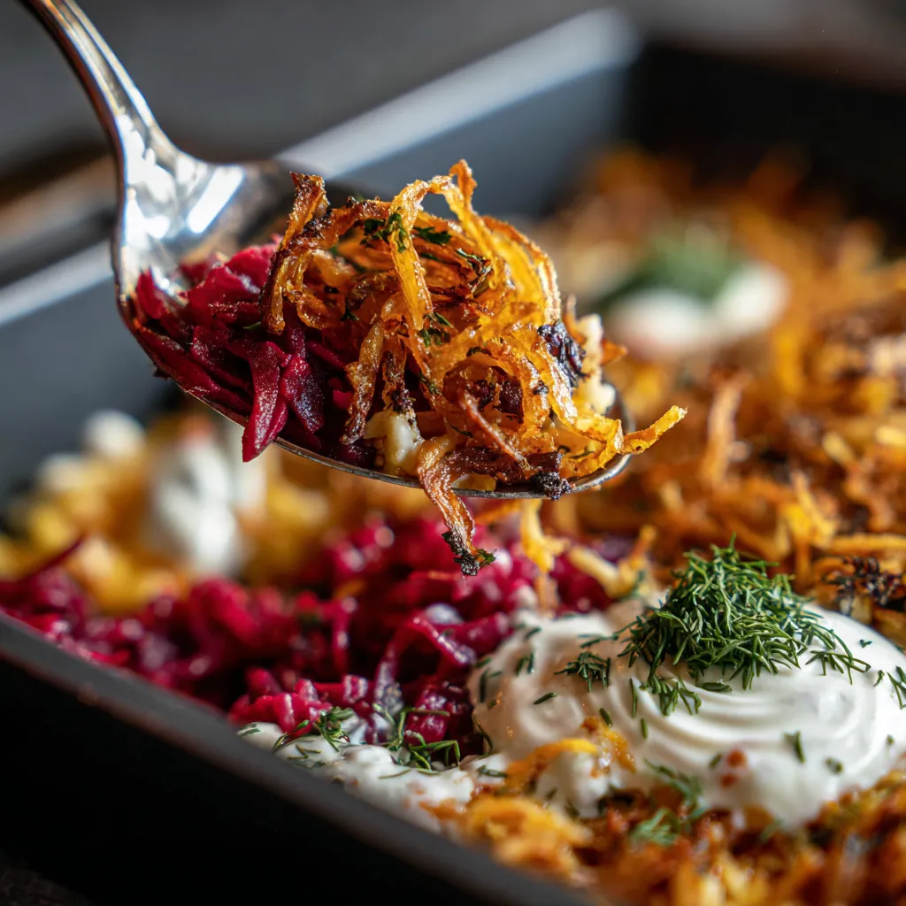 Ein Schmelztopf mit Rote-Beete-Kässpätzle.