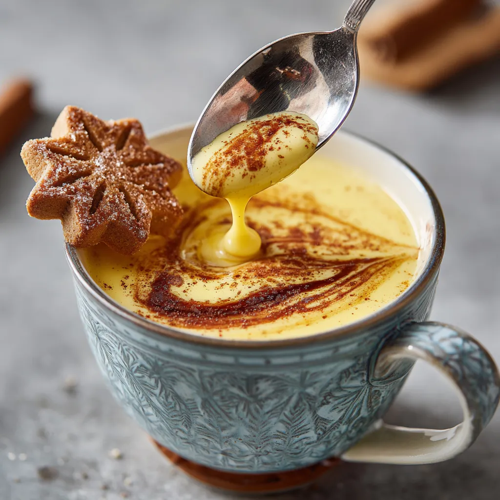 Ein Glas mit Eierpunsch, der mit einer Eierschale und einem Espresso-Twist garniert wird.
