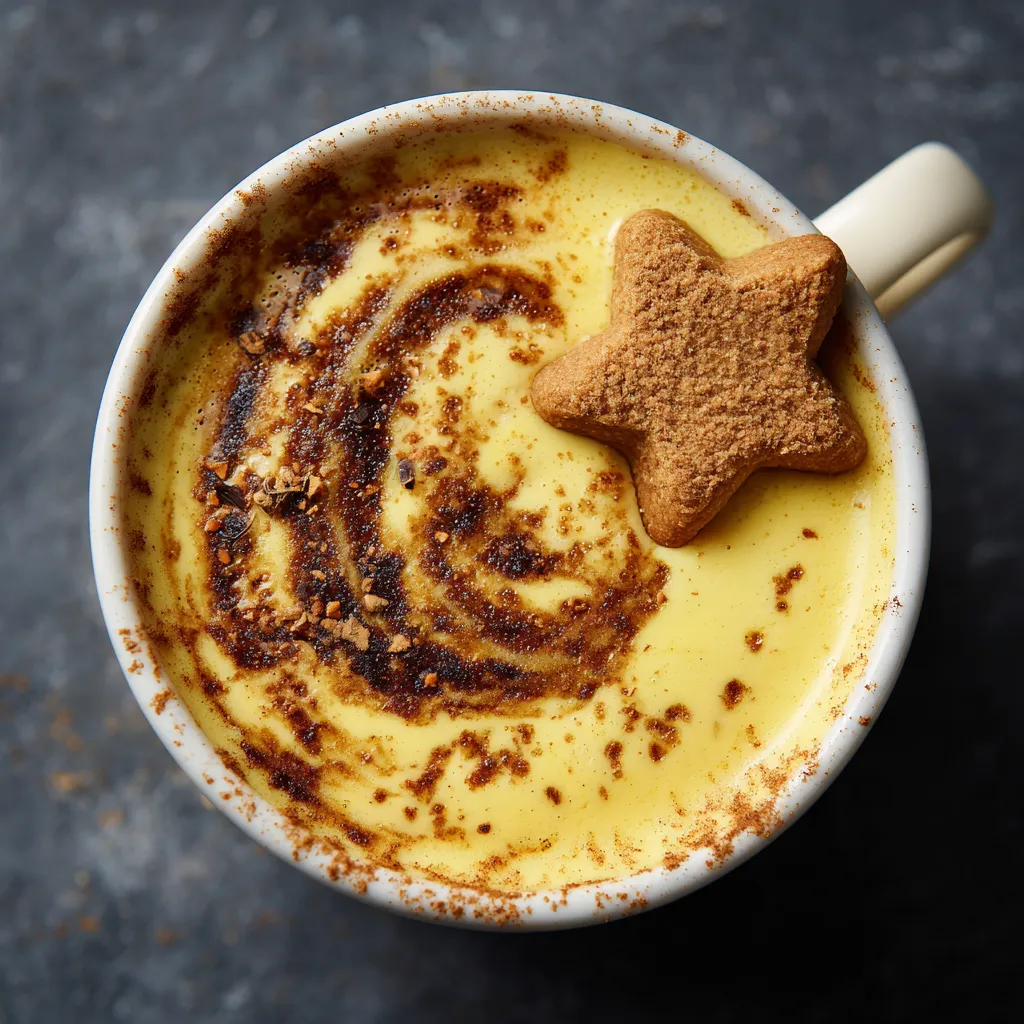 Ein Eierpunsch mit einem Espresso-Twist und einem Keks darin.