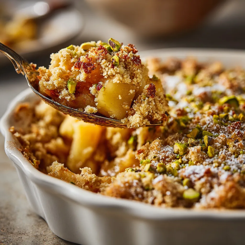 Ein weißer Teller mit einer Bratapfel-Crumble-Mischung, die mit Marzipan garniert ist.