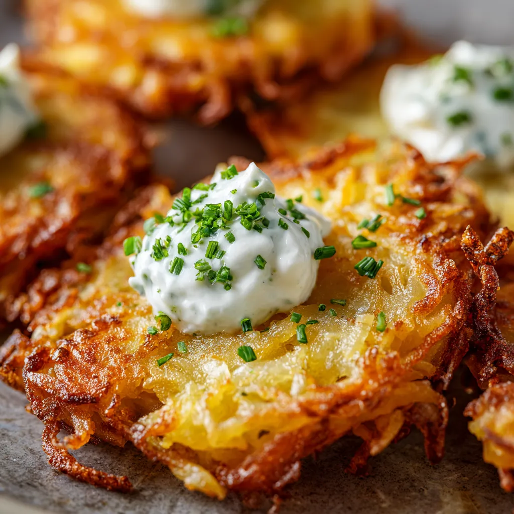 Ein Kartoffel-Puffer mit Sauerkraut und Meerrettich-Dip auf einem Teller.
