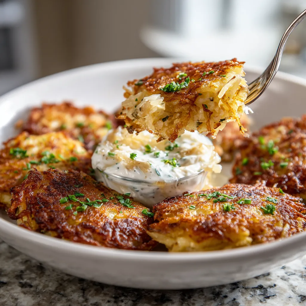 Ein weißer Teller mit Kartoffel-Puffers, die mit Sauerkraut und Meerrettich-Dip garniert sind.