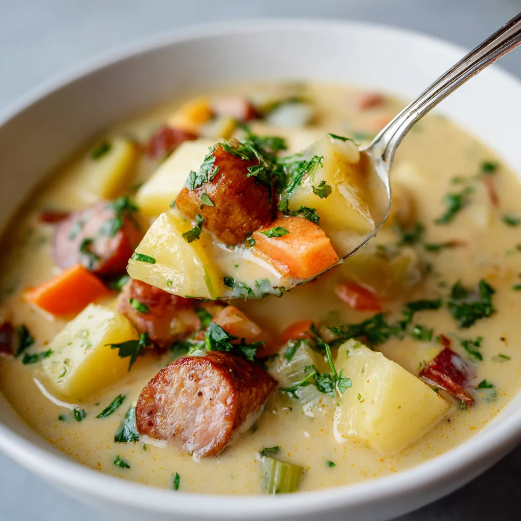 Ein weißer Teller mit einer Kartoffelsuppe, die mit Kartoffeln.