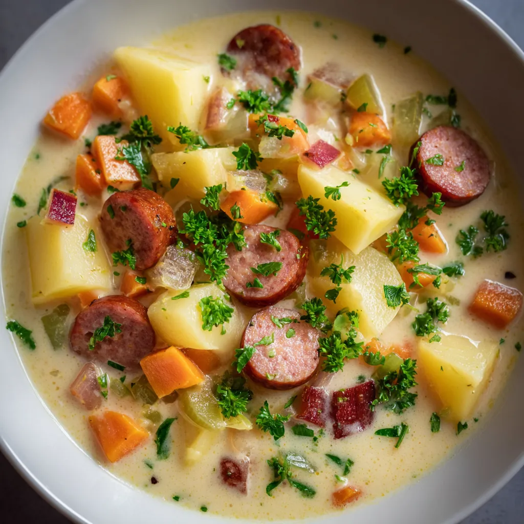 Ein weißer Teller mit einer Kartoffelsuppe, die mit Kartoffeln, Zwiebeln, Karotten, Koriander und Schweinchen garniert ist.