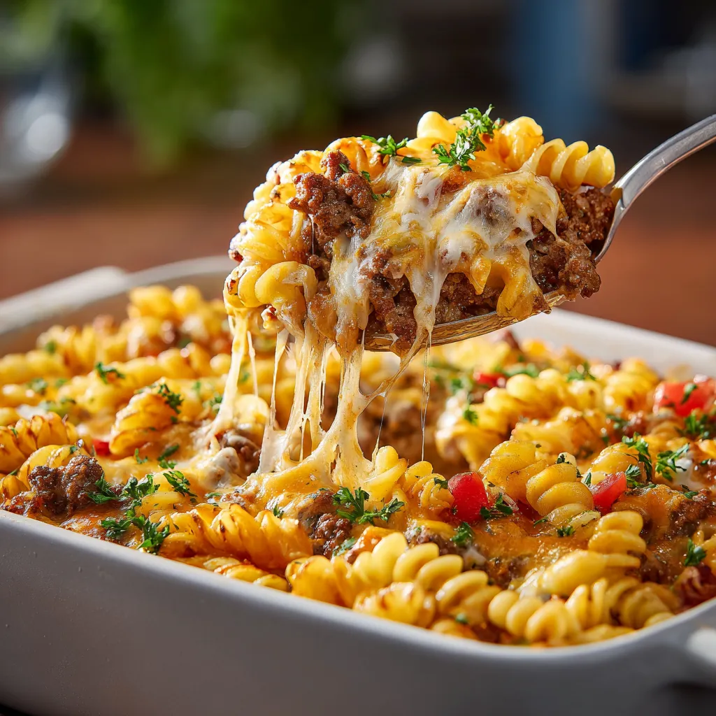 Ein Auflauf mit macaroni und cheese, der mit einer Gabel gestochen wird.