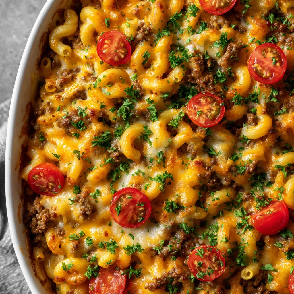 Ein Cheeseburger-Auflauf mit macaroni, tomaten, grünen Zwiebeln und gerösteten Tomaten.