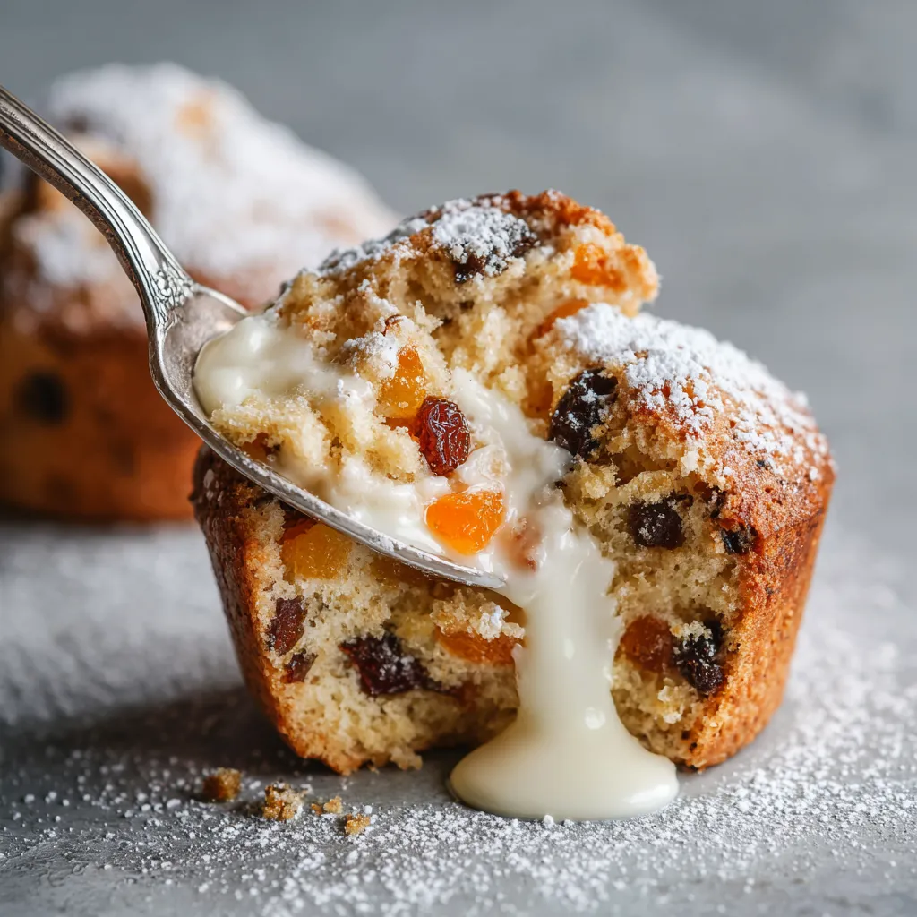 Ein Stück Mini-Stollen-Muffins mit Marzipan-Kernen wird mit einer Gabel in eine Schüssel gegeben.