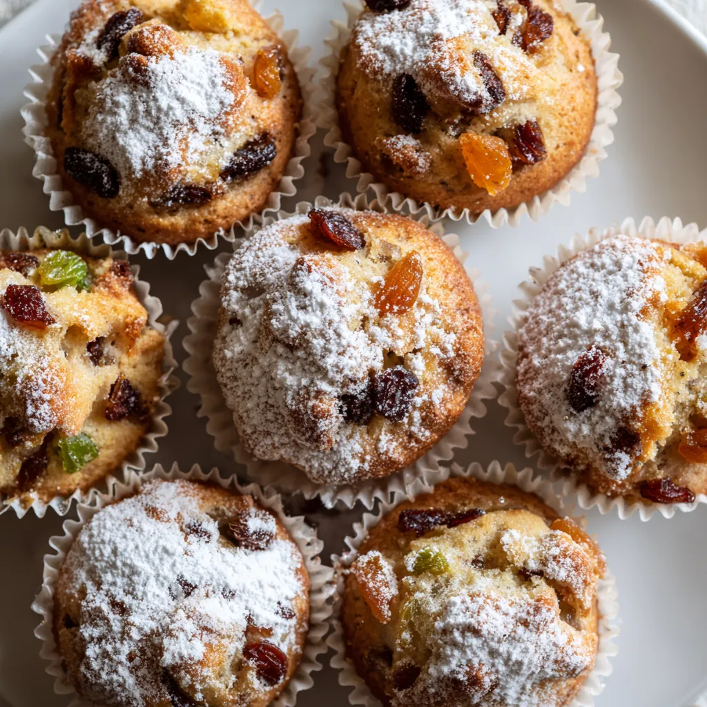 Ein weißer Teller mit sechs Mini-Stollen-Muffins, die mit Marzipan-Kernen bedeckt sind.