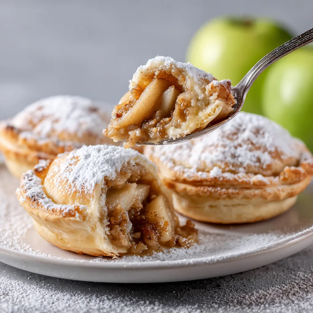 Ein Bratapfel-Törtchen mit Nuss-Marzipan-Füllung wird mit einer Gabel auf einem Teller serviert.
