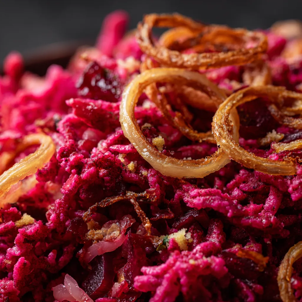 Ein Bild von Rote-Bete-Kässpätzle mit karamellisierten Zwiebeln.