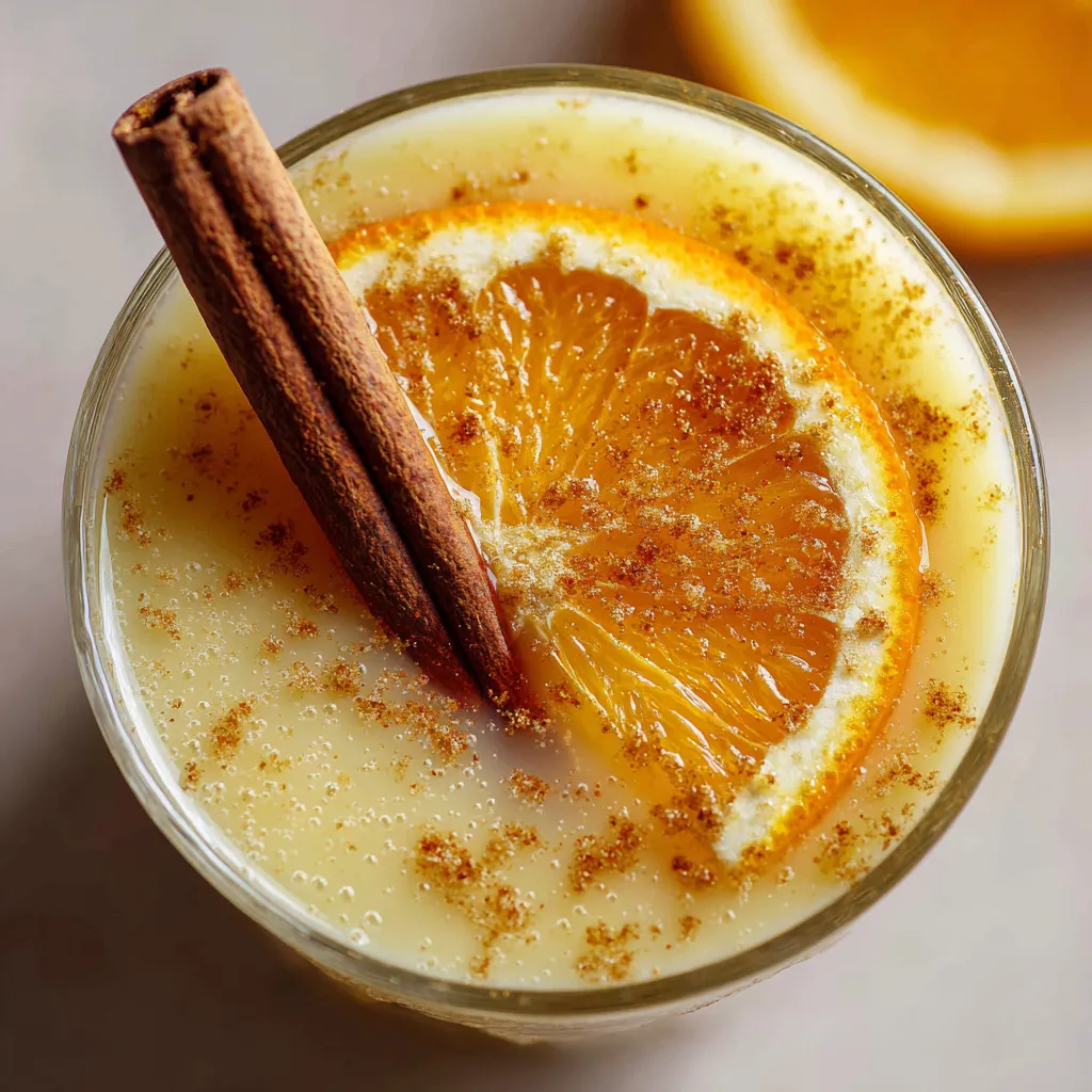 Ein Glas mit Eierpunsch, der mit Gewürz-Orangentrunk angereichert ist.