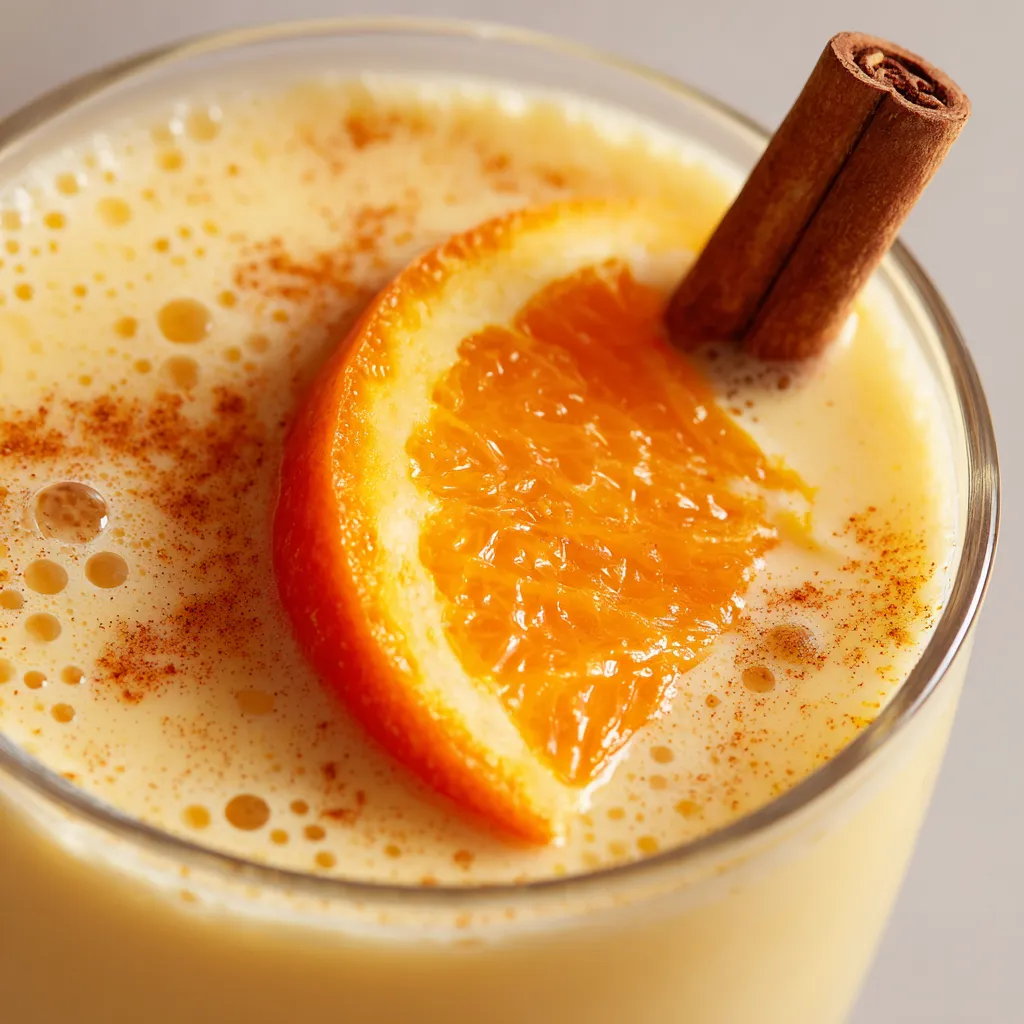 Ein Glas mit Eierpunsch, der mit Gewürz-Orangentrunk angereichert ist.