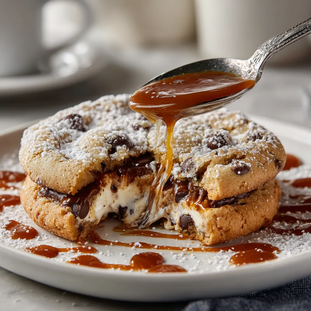 Ein Plate mit Cheesecake-Filled Chocolate Chip Cookies, die mit Sauce garniert sind.