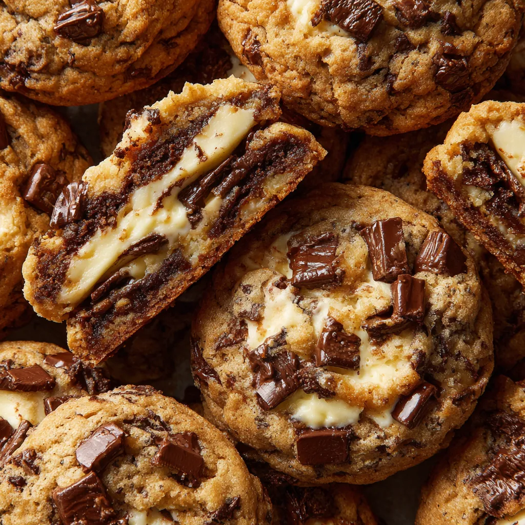 Eine Schicht von Cheesecake in Chocolate Chip Cookies.
