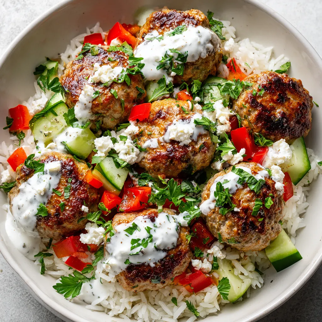 Ein Griechischer Fleischballen-Bowl mit verschiedenen Zutaten wie Rice.