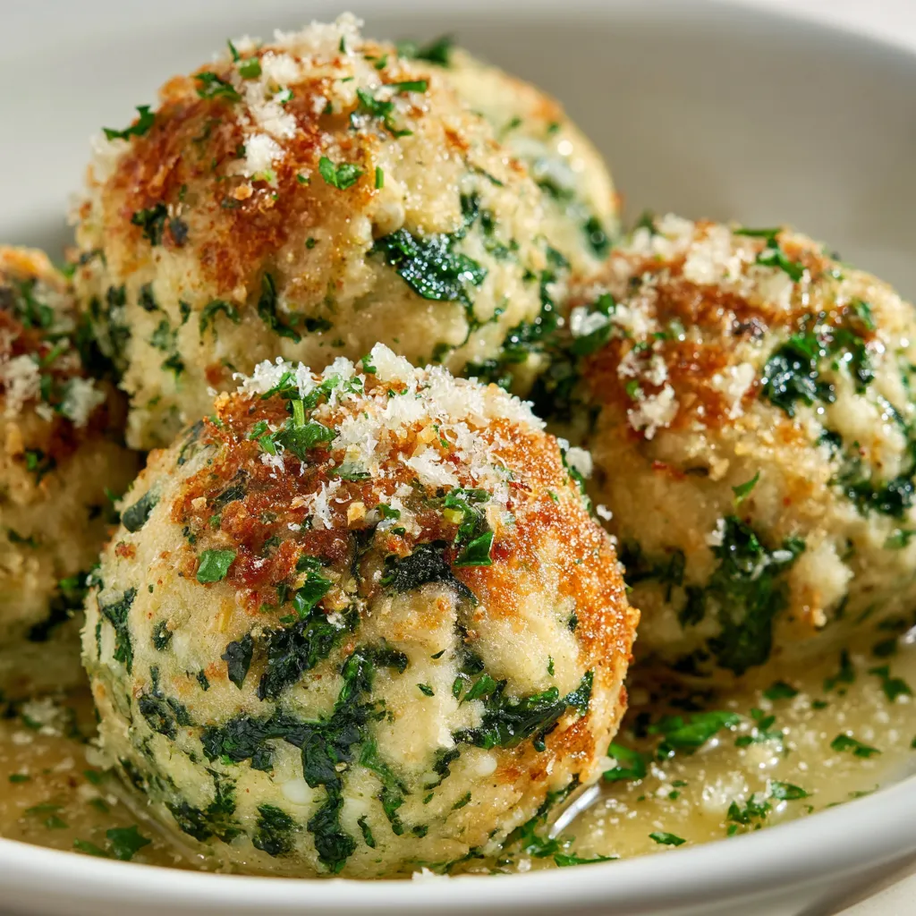 Ein weißer Teller mit Südtiroler Spinatknödel.