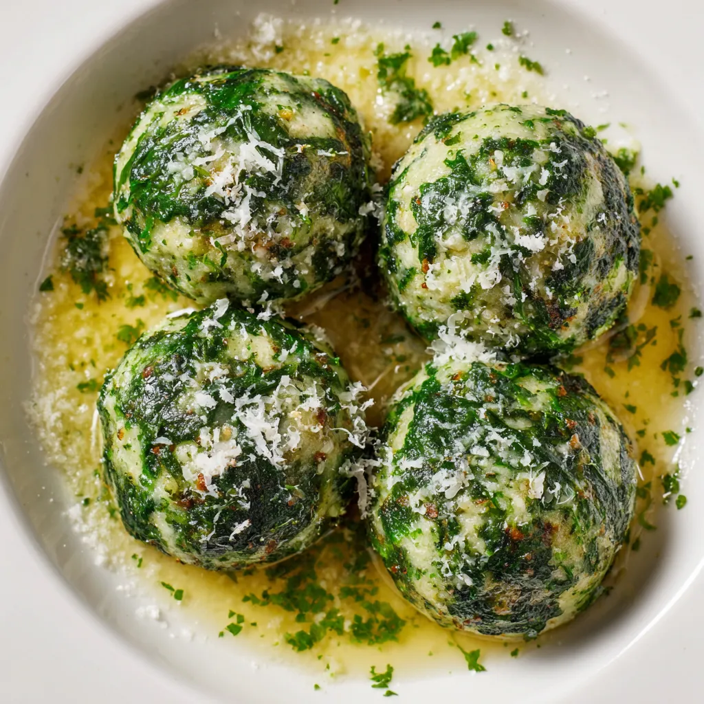 Ein Plate mit Südtiroler Spinatknödel, die mit Parmesan und Pesto garniert sind.