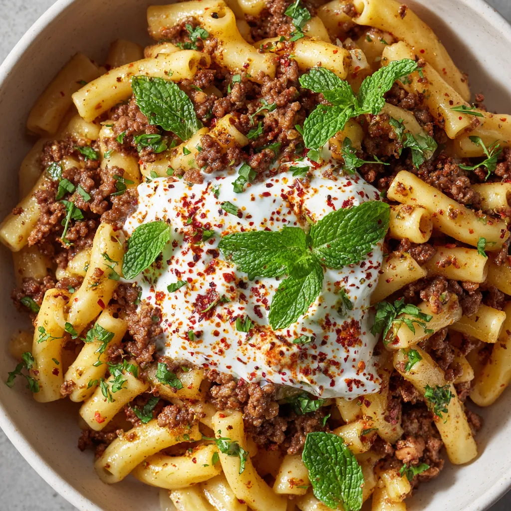 Ein Bild von Türkischen Pasta mit Hackfleisch und Joghurt-Sauce.