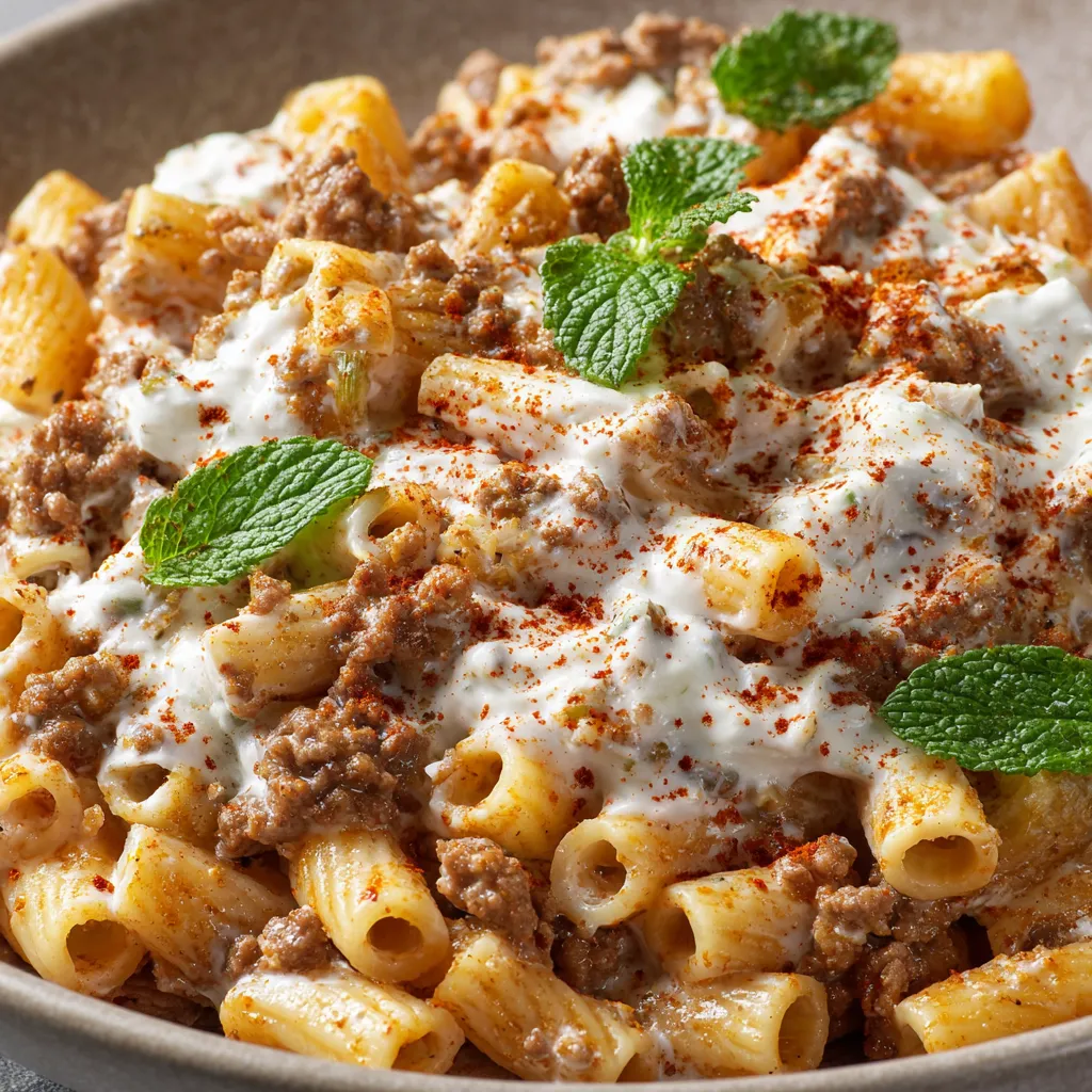 Ein Bild von einer Türkischen Pasta mit Hackfleisch und Joghurt-Sauce.