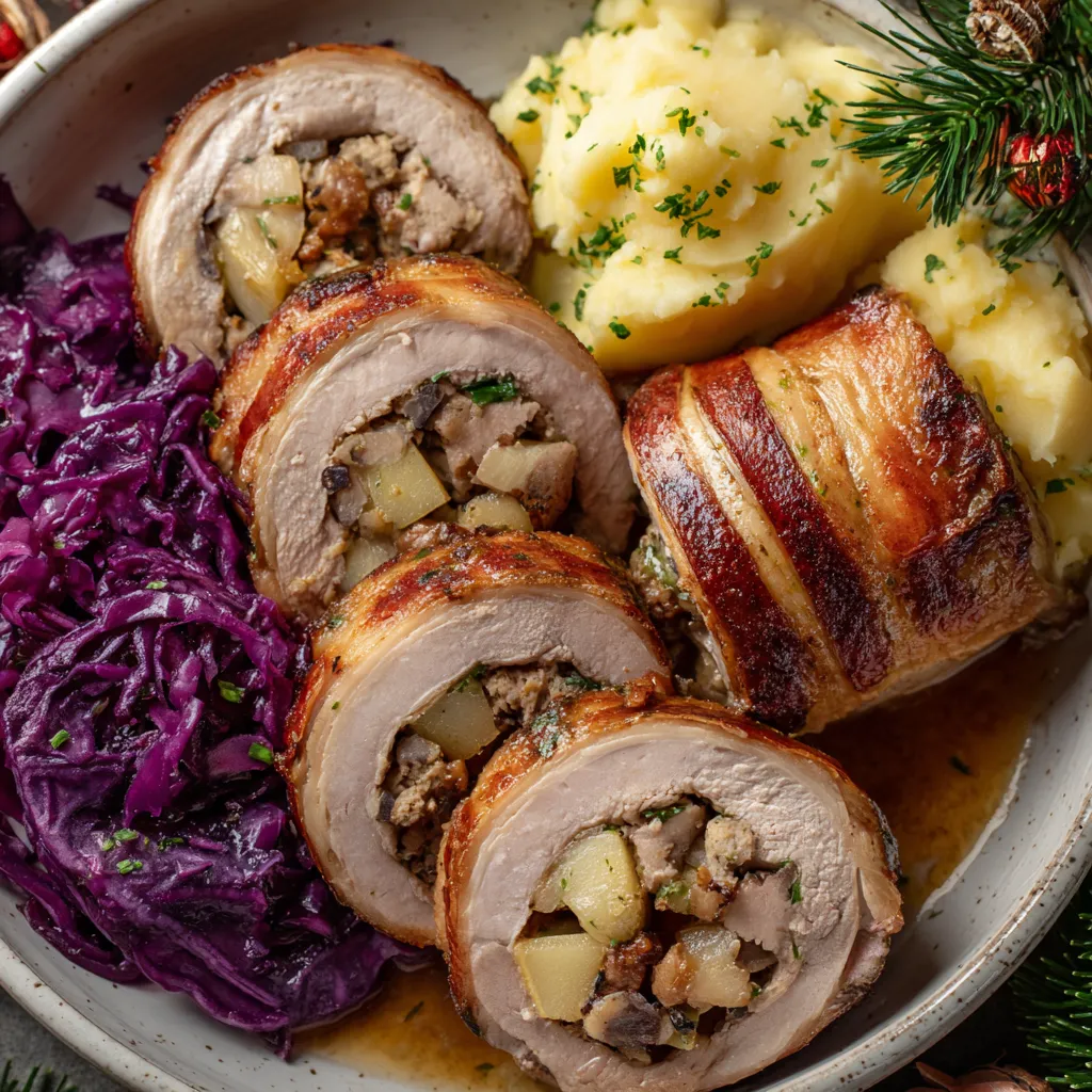 Ein prägnantes Bild, das eine Saumagen mit Maronen und Weihnachtsbier zeigt, ist auf dem Teller.