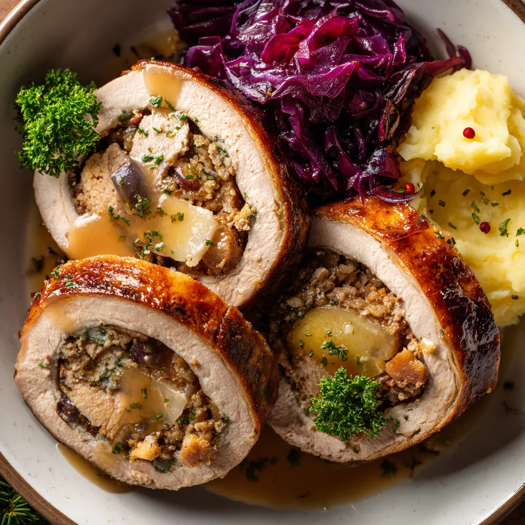 Ein Plate mit Saumagen, Maronen und Weihnachtsbier.