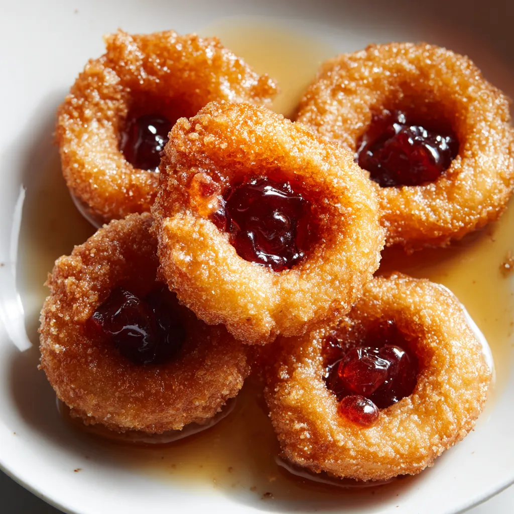 Eine Platte mit drei Apfelküchlen, die flambiert sind mit Calvados und Pflaumengelée-Kern.