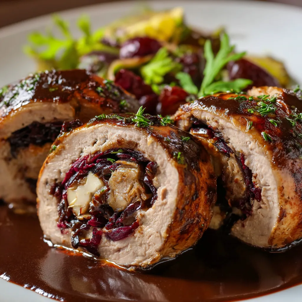 Mini-Rouladen de Porc au Chou Rouge & Pruneaux, Sauce Vin Chaud au Chocolat Amer.