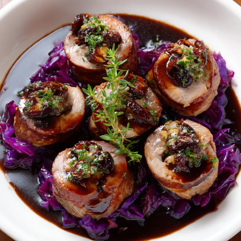 Ein weißer Teller mit Mini-Rouladen de Porc au Chou Rouge & Pruneaux, Sauce Vin Chaud au Chocolat Amer.