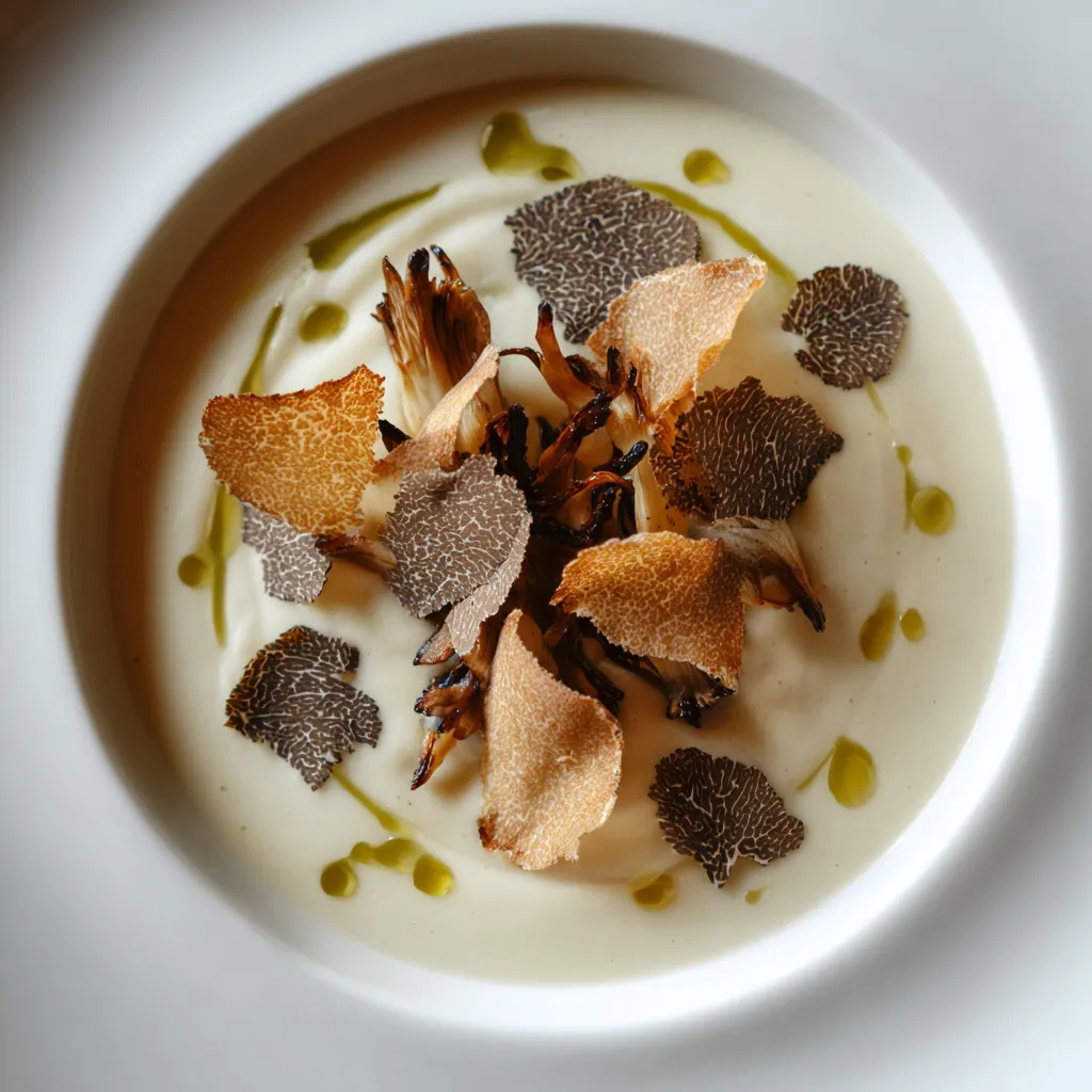 Ein weißer Teller mit einer Mischung aus Velouté Fumé de Pommes de Terre & Hochepot Forestier.
