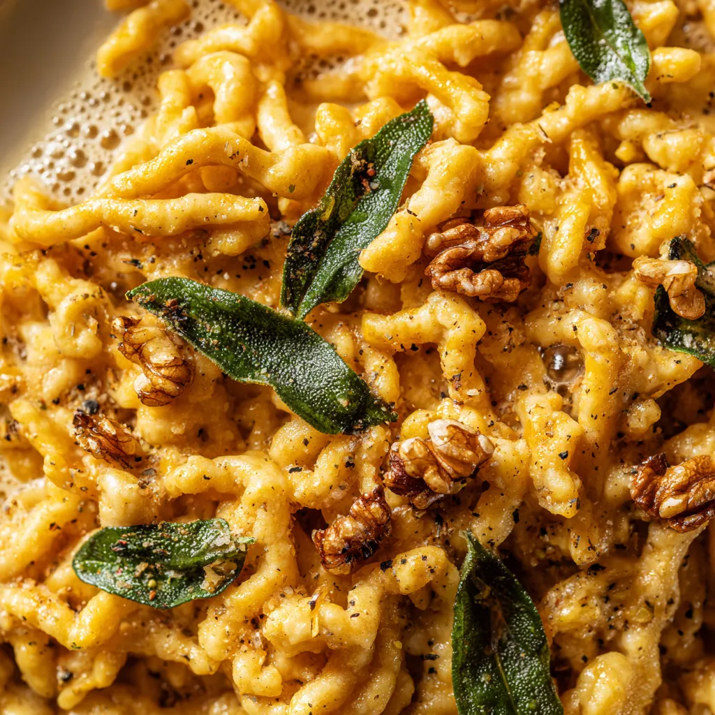 Ein Bild von Spätzle au Potiron & Noix Torréfiées, Émulsion Beurre-Sauge.
